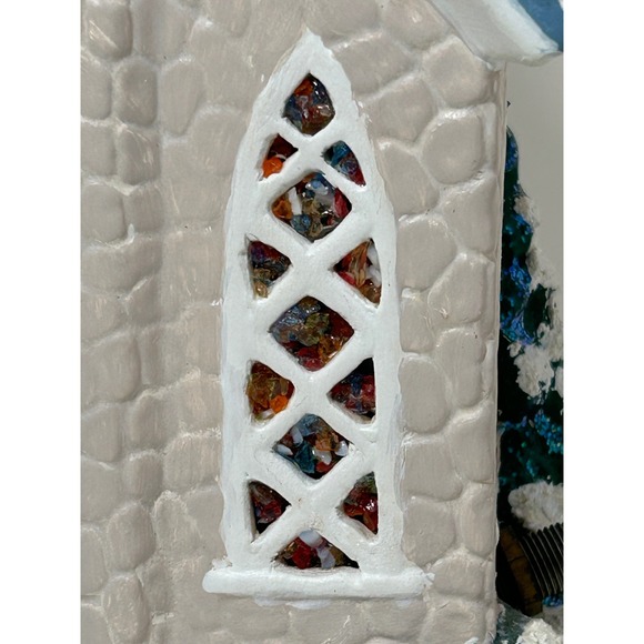 Vintage Ceramic Light Up winter Church Village Blue Steeple Stained Glass Look - Picture 5 of 16